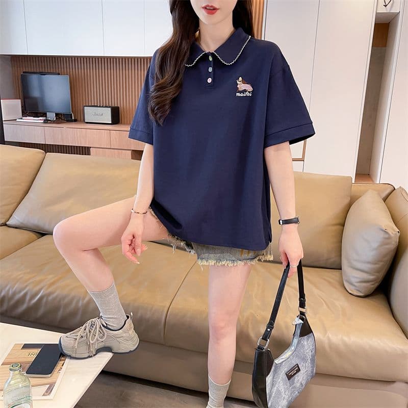 실사 반팔 티셔츠 여성 여름 새로운 루즈핏 패션 다용도 외국 가스 POLO 칼라 자수 ins 트렌디 상세 이미지 12