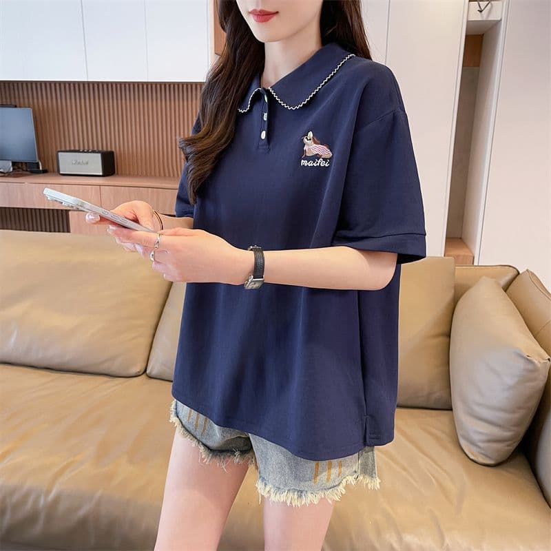 실사 반팔 티셔츠 여성 여름 새로운 루즈핏 패션 다용도 외국 가스 POLO 칼라 자수 ins 트렌디 상세 이미지 15