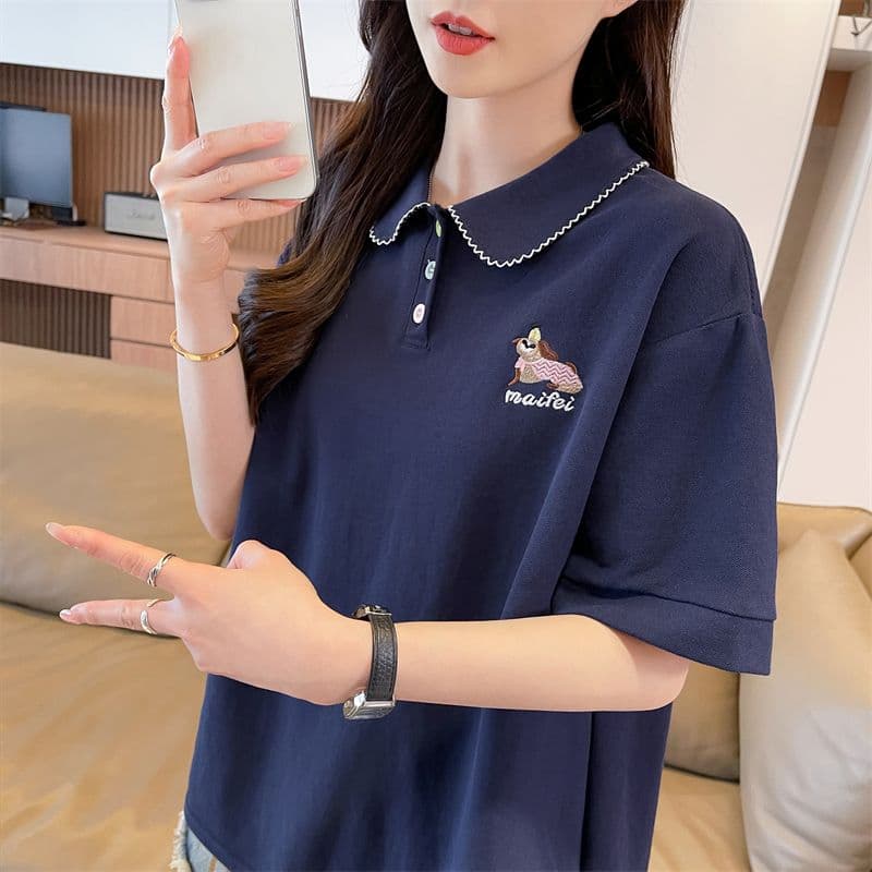 실사 반팔 티셔츠 여성 여름 새로운 루즈핏 패션 다용도 외국 가스 POLO 칼라 자수 ins 트렌디 상세 이미지 16