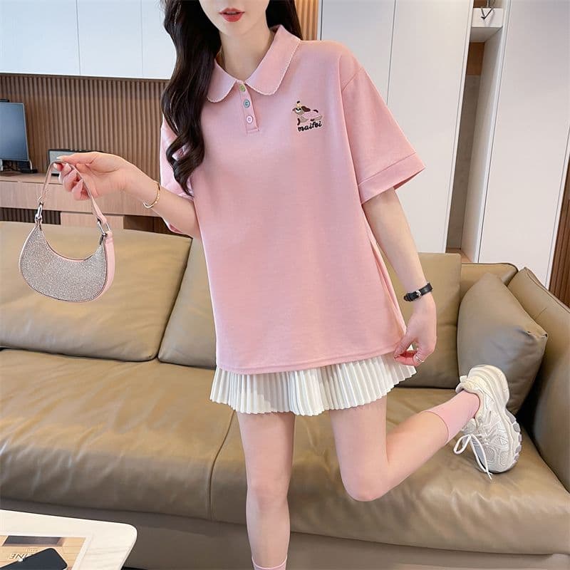 실사 반팔 티셔츠 여성 여름 새로운 루즈핏 패션 다용도 외국 가스 POLO 칼라 자수 ins 트렌디 상세 이미지 18