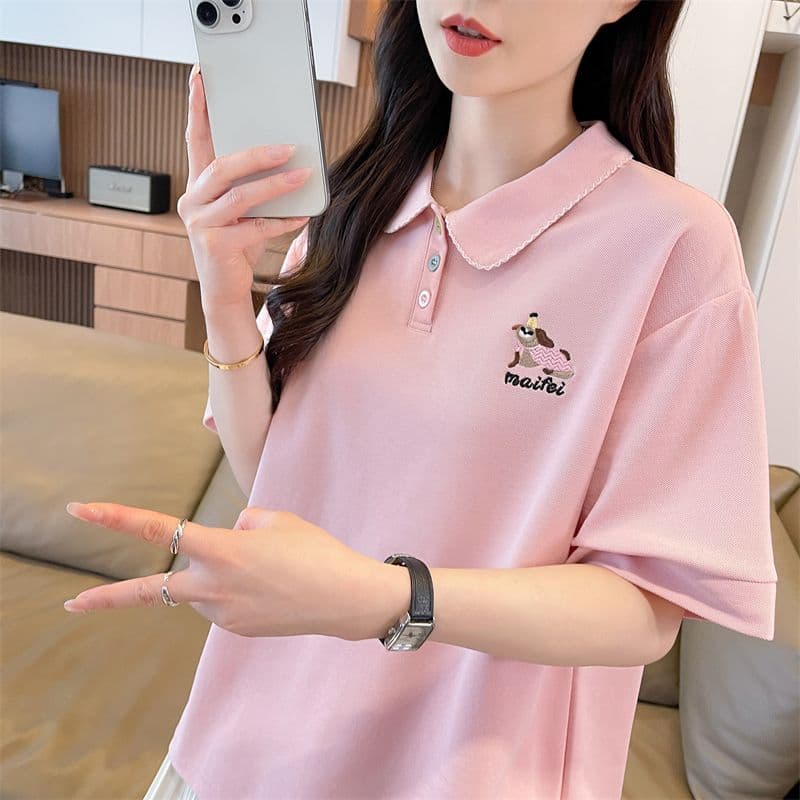 실사 반팔 티셔츠 여성 여름 새로운 루즈핏 패션 다용도 외국 가스 POLO 칼라 자수 ins 트렌디 상세 이미지 21