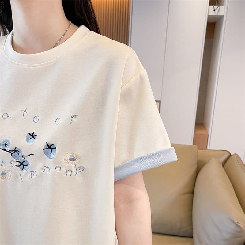 실사 반팔 티셔츠 여성 여름 새로운 루즈핏 패션 다용도 외국 가스 라운드 넥 자수 ins 트렌디 상세 이미지 5
