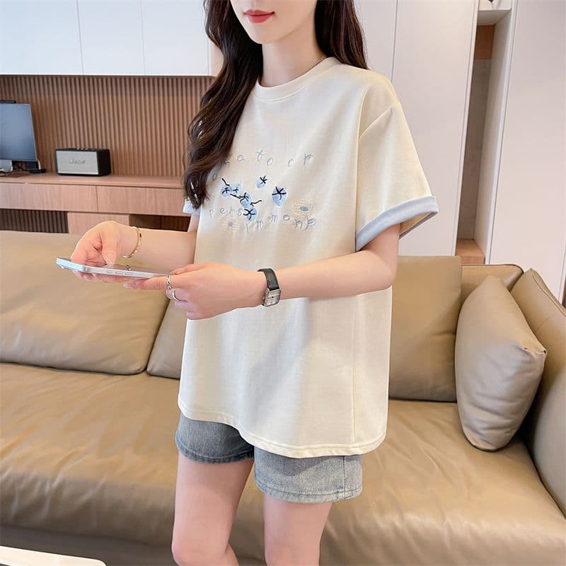 실사 반팔 티셔츠 여성 여름 새로운 루즈핏 패션 다용도 외국 가스 라운드 넥 자수 ins 트렌디 상세 이미지 9