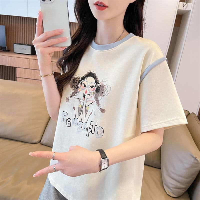 실사 반팔 티셔츠 여성 여름 새로운 루즈핏 패션 외국 가스 라운드 넥 디자인 센스 맨위 서비스 ins 트렌디 상세 이미지 9