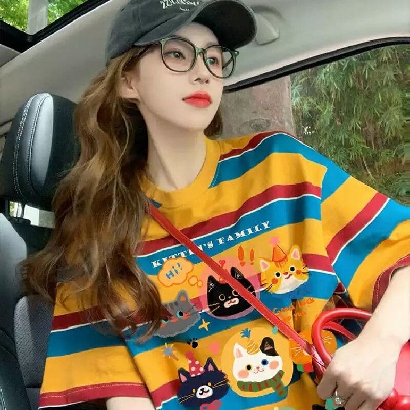모방 면 당겨 프레임 이후 패키지 칼라 배색 스트라이프 루즈핏 티셔츠 여성 oversize 만화 외국 가스 중간 길이 맨위
