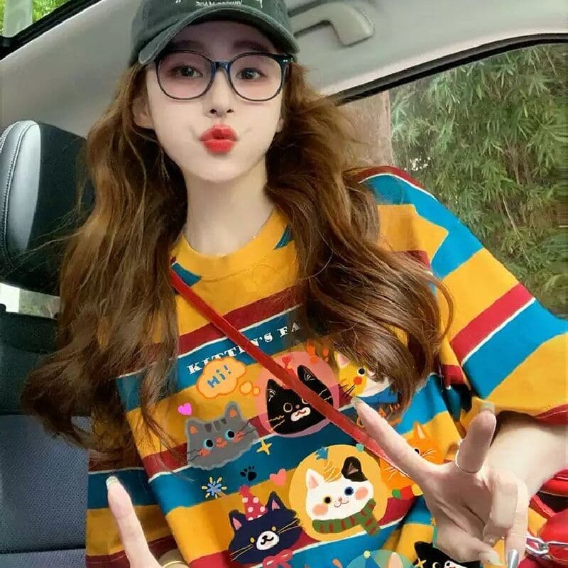 모방 면 당겨 프레임 이후 패키지 칼라 배색 스트라이프 루즈핏 티셔츠 여성 oversize 만화 외국 가스 중간 길이 맨위 이미지 2