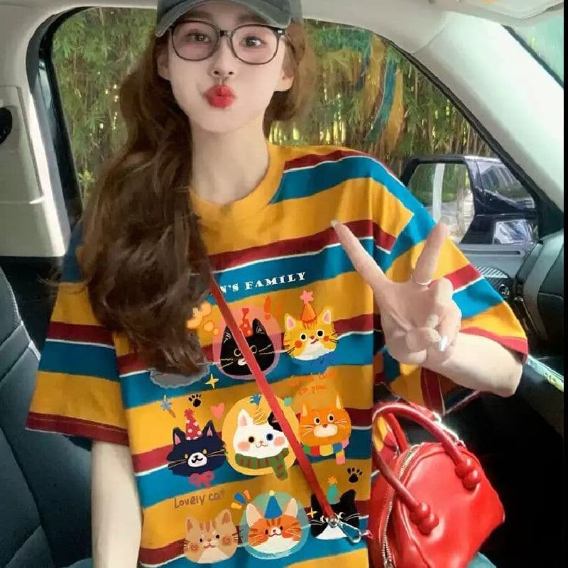 모방 면 당겨 프레임 이후 패키지 칼라 배색 스트라이프 루즈핏 티셔츠 여성 oversize 만화 외국 가스 중간 길이 맨위 이미지 3