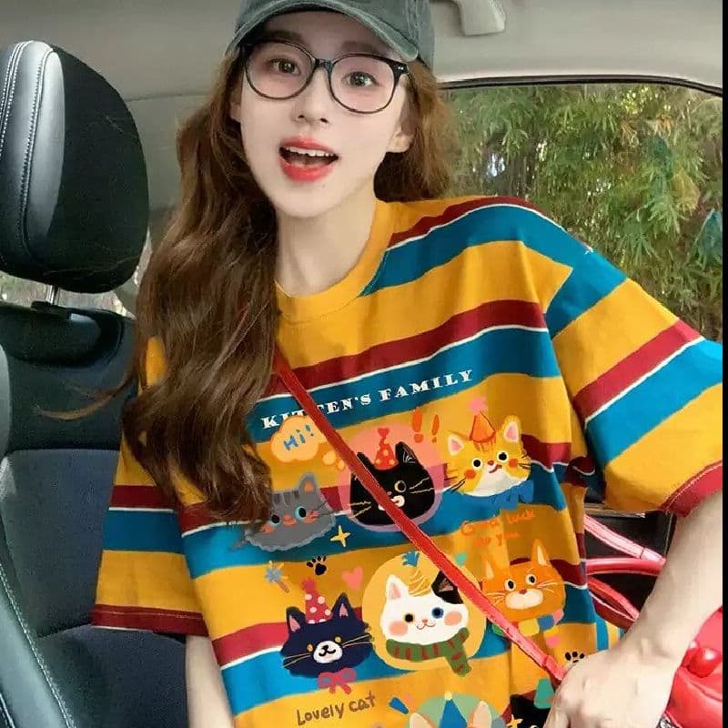 모방 면 당겨 프레임 이후 패키지 칼라 배색 스트라이프 루즈핏 티셔츠 여성 oversize 만화 외국 가스 중간 길이 맨위 이미지 5