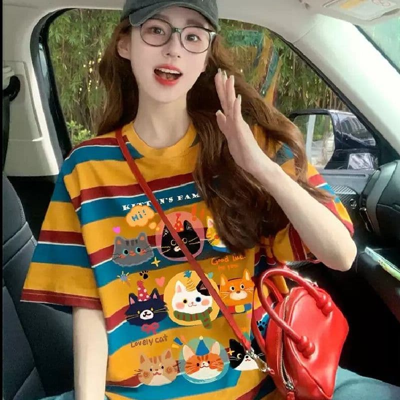 모방 면 당겨 프레임 이후 패키지 칼라 배색 스트라이프 루즈핏 티셔츠 여성 oversize 만화 외국 가스 중간 길이 맨위 이미지 4