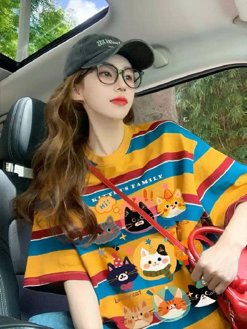 모방 면 당겨 프레임 이후 패키지 칼라 배색 스트라이프 루즈핏 티셔츠 여성 oversize 만화 외국 가스 중간 길이 맨위 상세 이미지 3