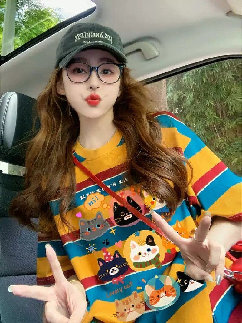 모방 면 당겨 프레임 이후 패키지 칼라 배색 스트라이프 루즈핏 티셔츠 여성 oversize 만화 외국 가스 중간 길이 맨위 상세 이미지 4