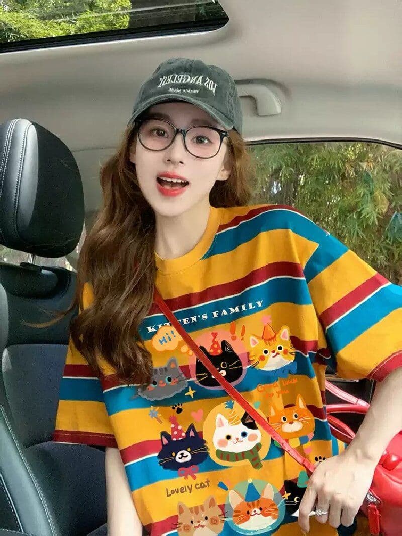 모방 면 당겨 프레임 이후 패키지 칼라 배색 스트라이프 루즈핏 티셔츠 여성 oversize 만화 외국 가스 중간 길이 맨위 상세 이미지 5