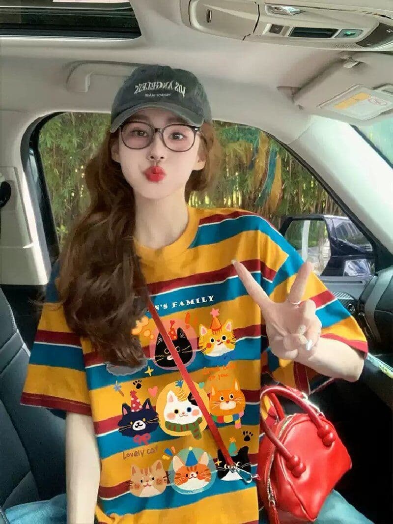 모방 면 당겨 프레임 이후 패키지 칼라 배색 스트라이프 루즈핏 티셔츠 여성 oversize 만화 외국 가스 중간 길이 맨위 상세 이미지 6