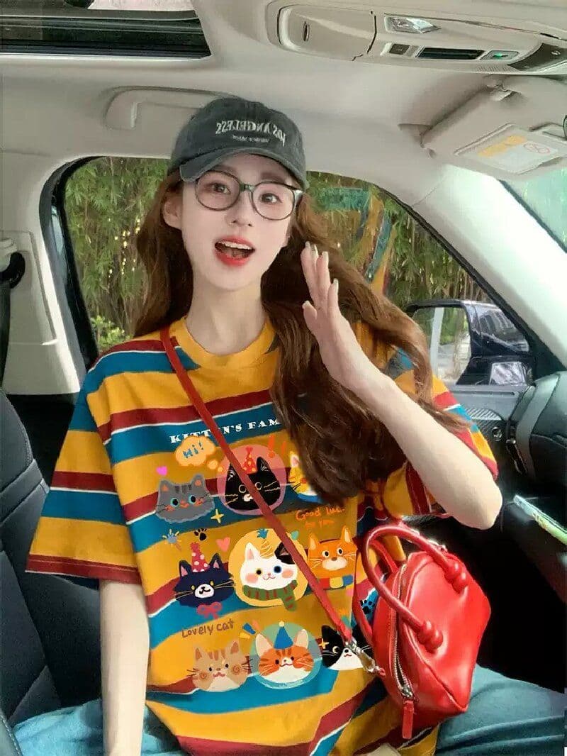 모방 면 당겨 프레임 이후 패키지 칼라 배색 스트라이프 루즈핏 티셔츠 여성 oversize 만화 외국 가스 중간 길이 맨위 상세 이미지 7