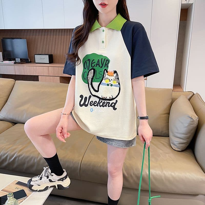 실사 모방 면 더블 실 케이블 루오 그거야. polot 셔츠 여성용 짧은 소매 여름 새로운 만화 애니메이션 루즈핏 맨위 상세 이미지 3
