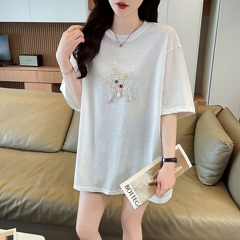 실사 눈꽃 면 티셔츠 여성용 짧은 소매 여름 새로운 루즈핏 중간 길이 패션 캐주얼 맨위 여성 ins 트렌디 이미지 3