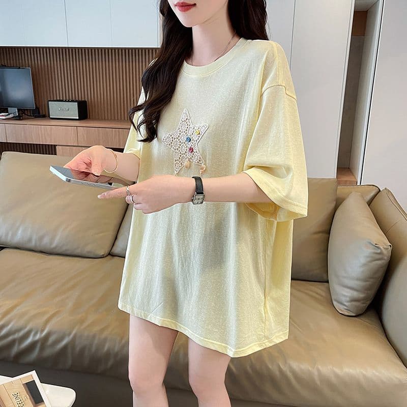 실사 눈꽃 면 티셔츠 여성용 짧은 소매 여름 새로운 루즈핏 중간 길이 패션 캐주얼 맨위 여성 ins 트렌디 상세 이미지 13