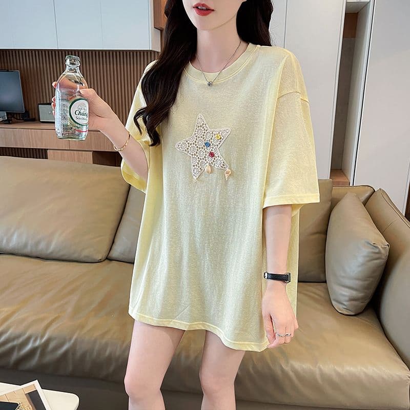 실사 눈꽃 면 티셔츠 여성용 짧은 소매 여름 새로운 루즈핏 중간 길이 패션 캐주얼 맨위 여성 ins 트렌디 상세 이미지 15