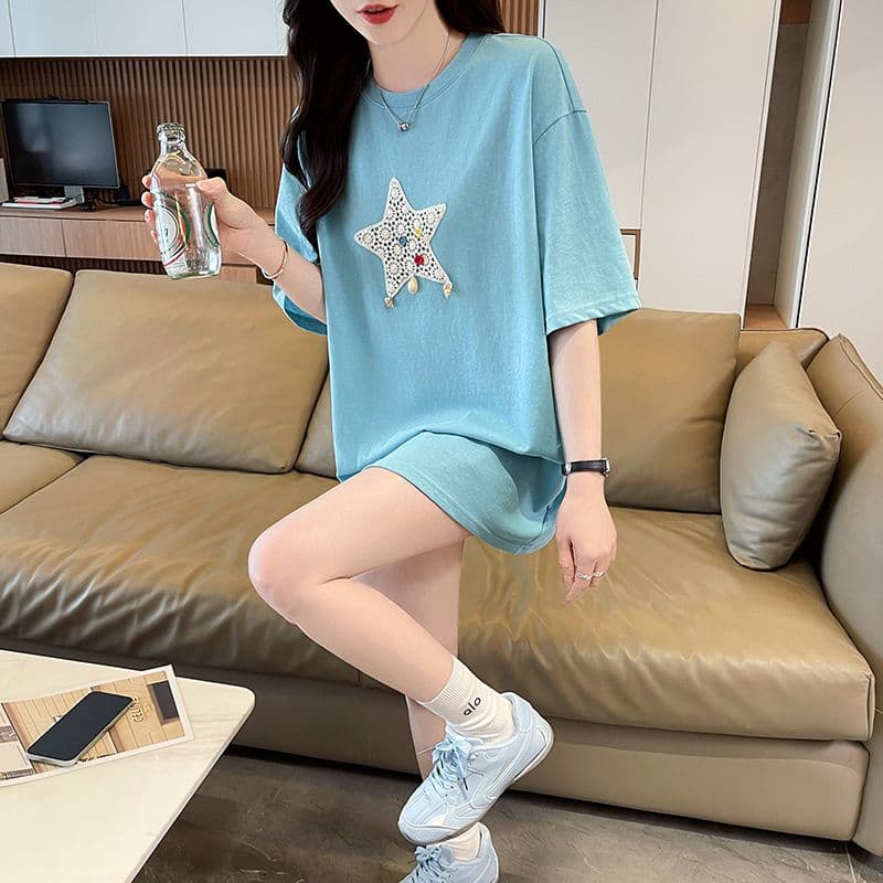 실사 눈꽃 면 티셔츠 여성용 짧은 소매 여름 새로운 루즈핏 중간 길이 패션 캐주얼 맨위 여성 ins 트렌디 상세 이미지 18