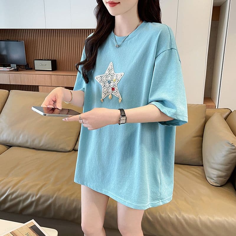 실사 눈꽃 면 티셔츠 여성용 짧은 소매 여름 새로운 루즈핏 중간 길이 패션 캐주얼 맨위 여성 ins 트렌디 상세 이미지 19