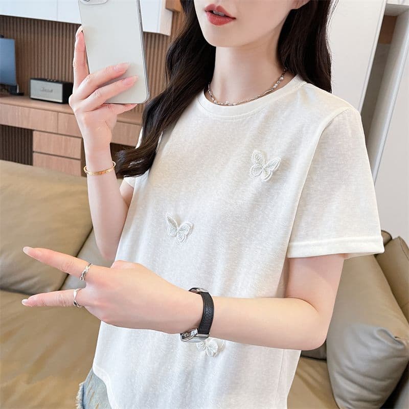 실사 2026 여름 새로운 귀여운 나비 반팔 티셔츠 여성 새로운 한국 스타일 상세 이미지 10