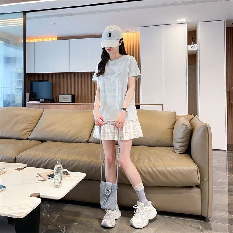 실사 눈꽃 면 2026 여름 새로운 워시 물 홀치기 염색 알파벳 프린트 반팔 티셔츠 여성 트렌디 상세 이미지 13