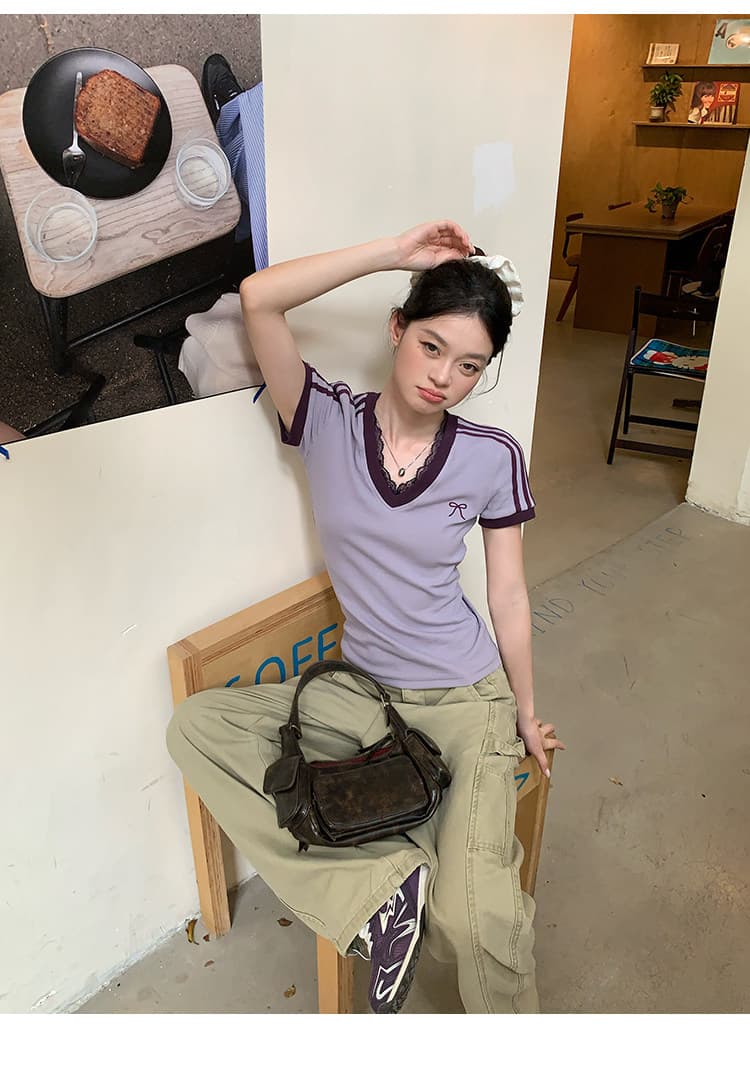 경관 그림 특별 가격 반팔 티셔츠 여성 의류 여름 새로운 한 부서 디자인 센스 스트라이프 레이스 배색 자수 V넥 맨위 상세 이미지 29