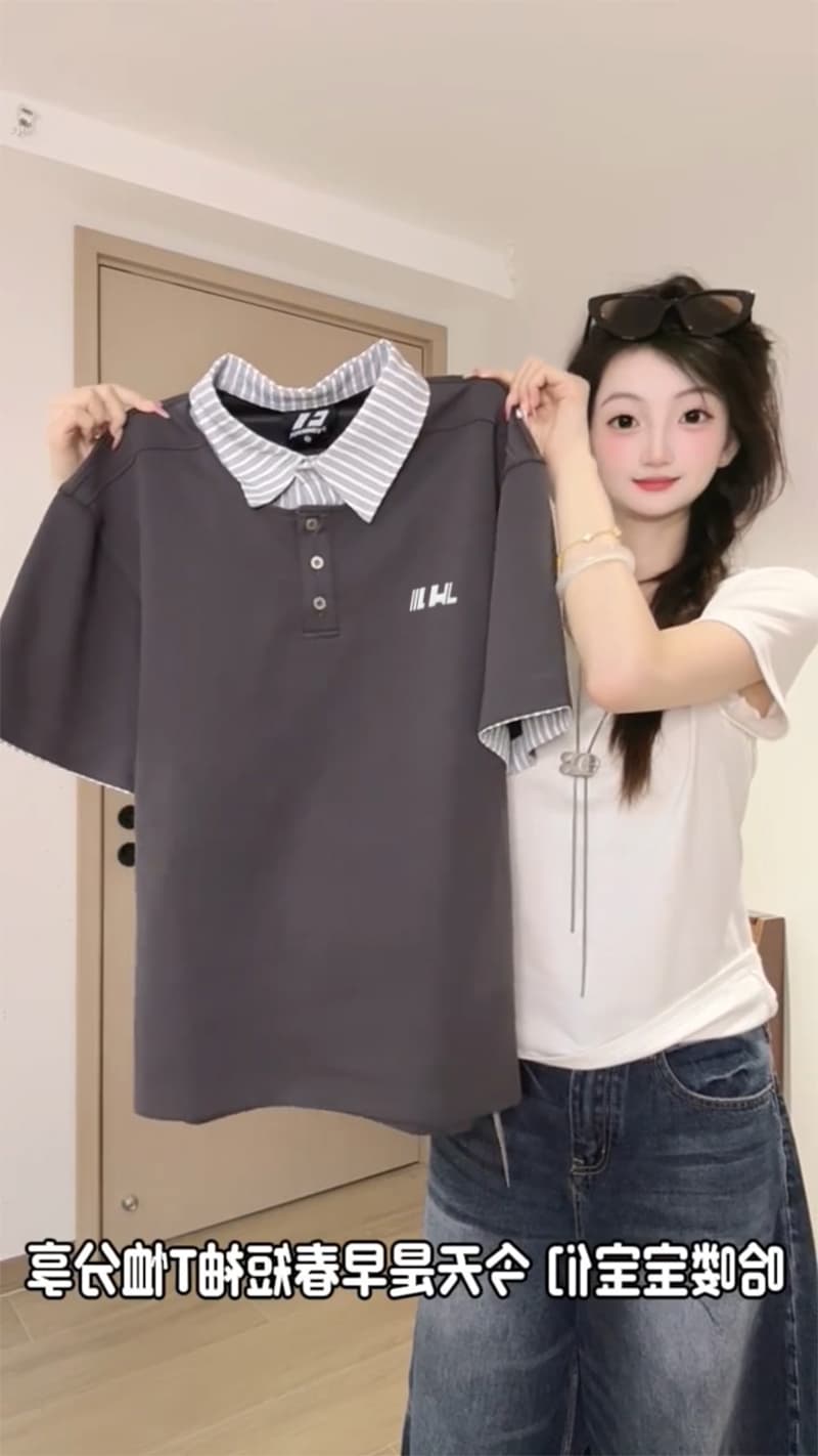 경관 그림 남자 바 면 220 그램 반팔 티셔츠 남녀 커플룩 여름 새로운 루즈핏 스트라이프 POLO 칼라 맨위 상세 이미지 2