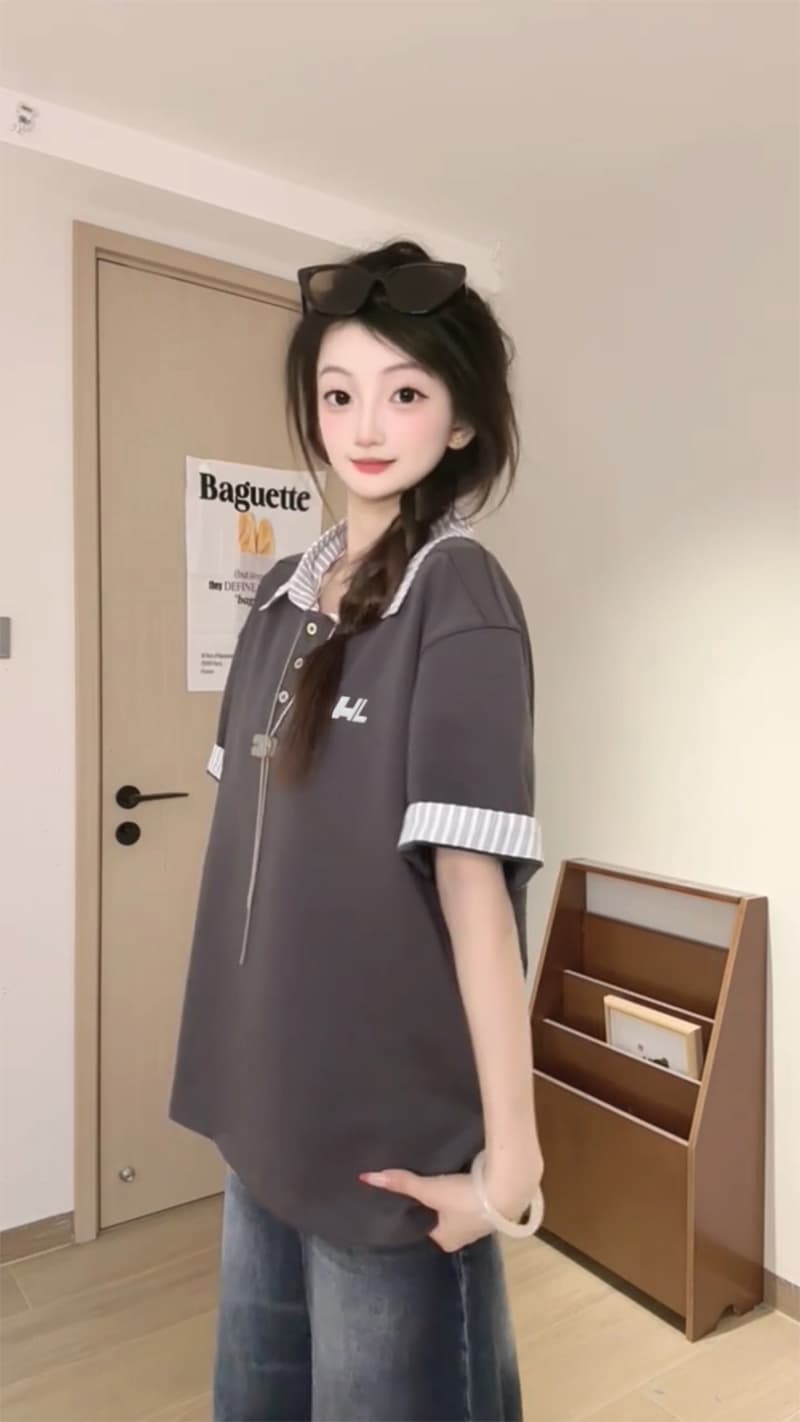 경관 그림 남자 바 면 220 그램 반팔 티셔츠 남녀 커플룩 여름 새로운 루즈핏 스트라이프 POLO 칼라 맨위 상세 이미지 6