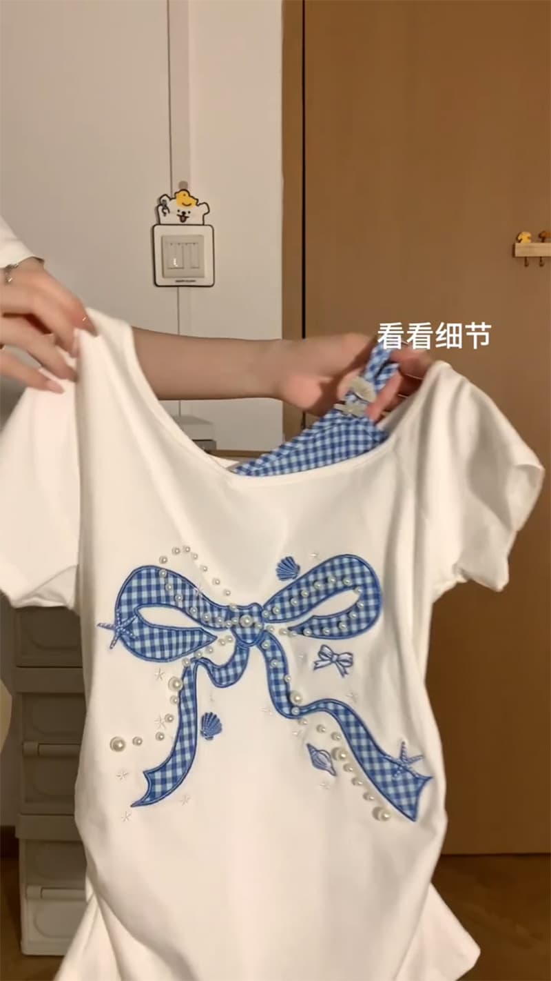경관 그림 반팔 티셔츠 여성 의류 여름 새로운 트렌디 페이크 레이어드 비즈 자수 몸매 가꾸기 슬림해 보이는 비스듬한 칼라 맨위 이미지 5