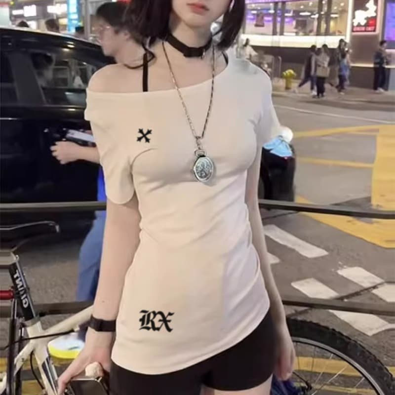 경관 그림 260 그램 사람들 면 반팔 티셔츠 여름 2026 새로운 트렌디 쇼트 스타일 몸매 가꾸기 프린트 비스듬한 칼라 맨위 여성 의류 이미지 2