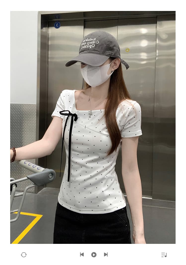실사 반팔 티셔츠 여성 의류 여름 새로운 한 부서 레이스업 나비 매듭 몸매 가꾸기 도트 무늬 불규칙 칼라 맨위 상세 이미지 1