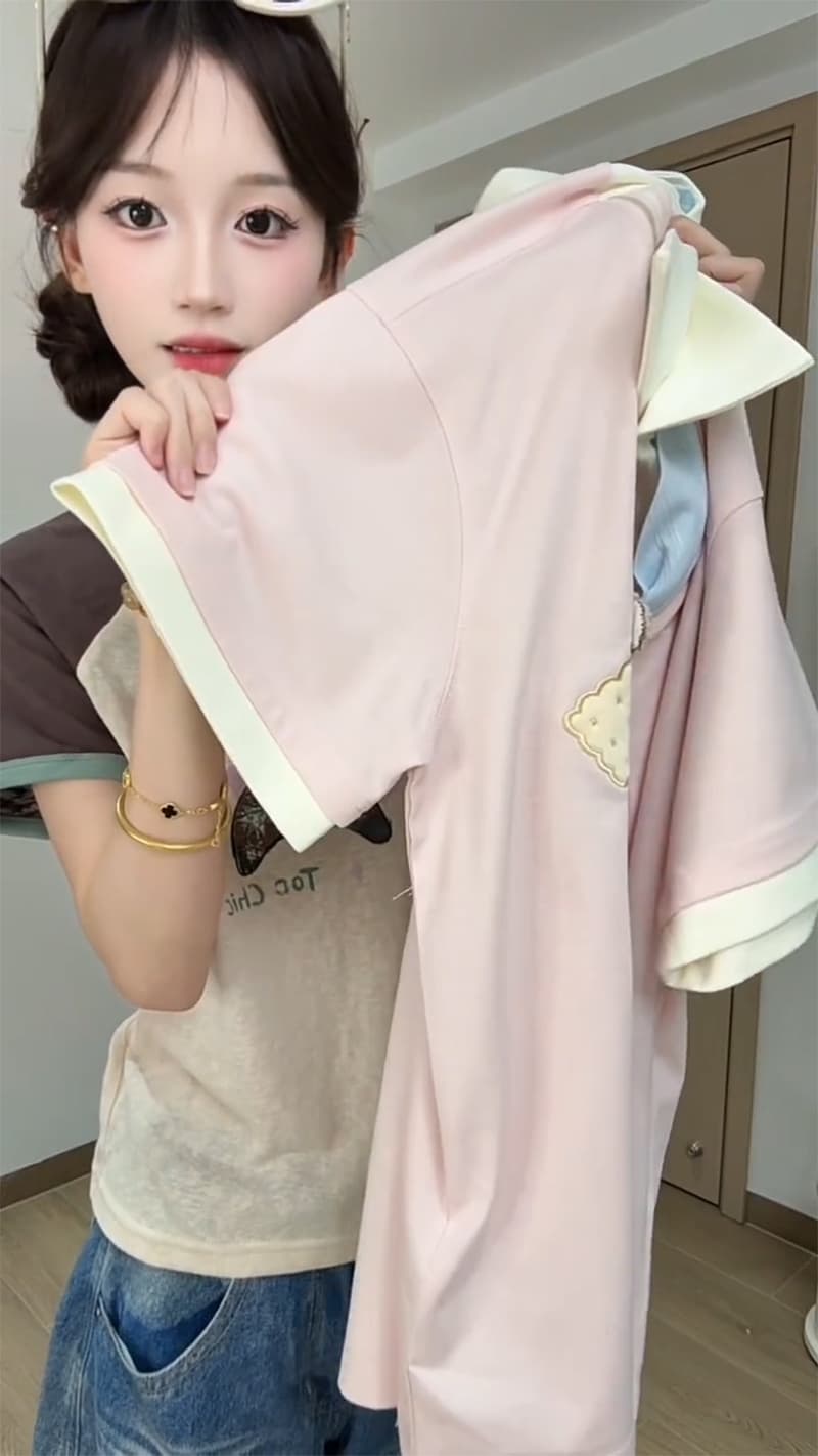 경관 그림 220 그램 순면 반팔 티셔츠 여성 의류 여름 새로운 디자인 센스 만화 자수 POLO 칼라 맨위 이미지 4