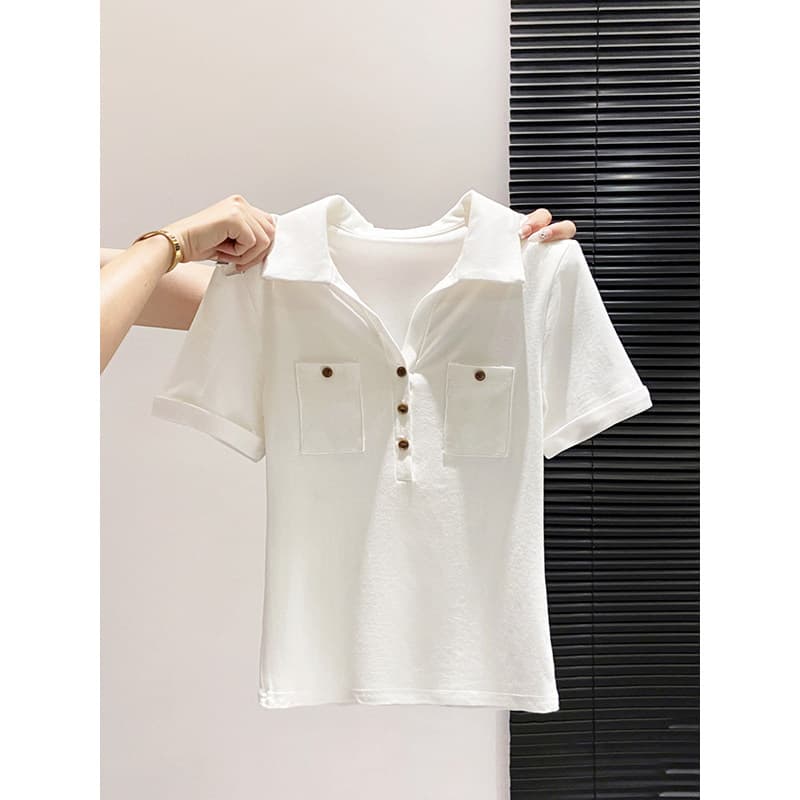 경관 그림 200그램 순면 반팔 티셔츠 여성 여름 새로운 한 부서 디자인 센스 주머니 장식 POLO 칼라 맨위