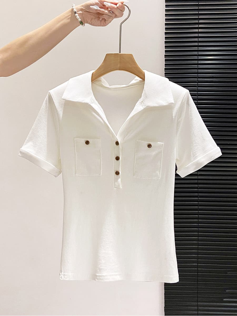 경관 그림 200그램 순면 반팔 티셔츠 여성 여름 새로운 한 부서 디자인 센스 주머니 장식 POLO 칼라 맨위 이미지 4