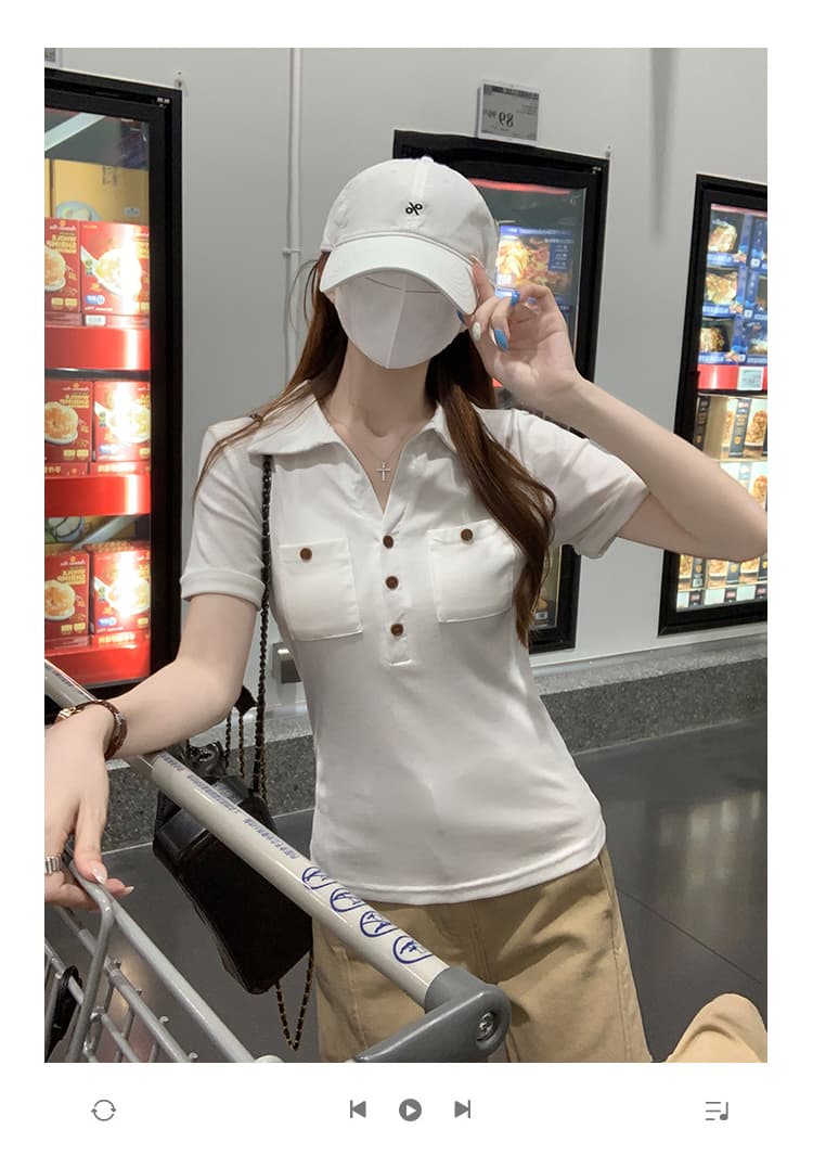 실사 200그램 순면 반팔 티셔츠 여성 여름 새로운 한 부서 디자인 센스 주머니 장식 POLO 칼라 맨위 상세 이미지 1
