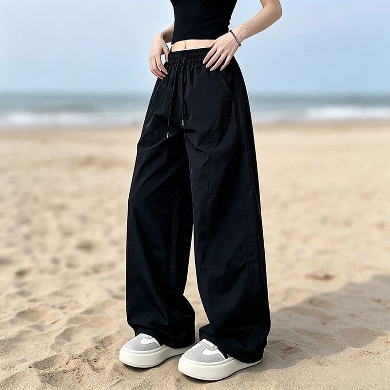 화이트 자외선 차단 속도 건조한 바지 여성 여름 얇고 가벼운 와이드 레그 팬츠 지방 mm 하이웨이스트 주름 운동 워크웨어 팬츠 이미지 2
