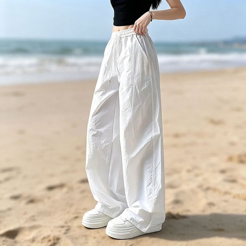 화이트 자외선 차단 속도 건조한 바지 여성 여름 얇고 가벼운 와이드 레그 팬츠 지방 mm 하이웨이스트 주름 운동 워크웨어 팬츠