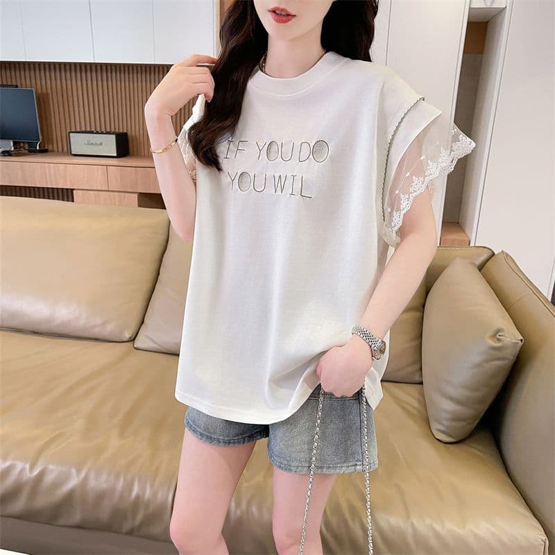 실사 남자 바 면 반팔 티셔츠 여성 여름 새로운 루즈핏 패션 다용도 외국 가스 라운드 넥 자수 상세 이미지 7