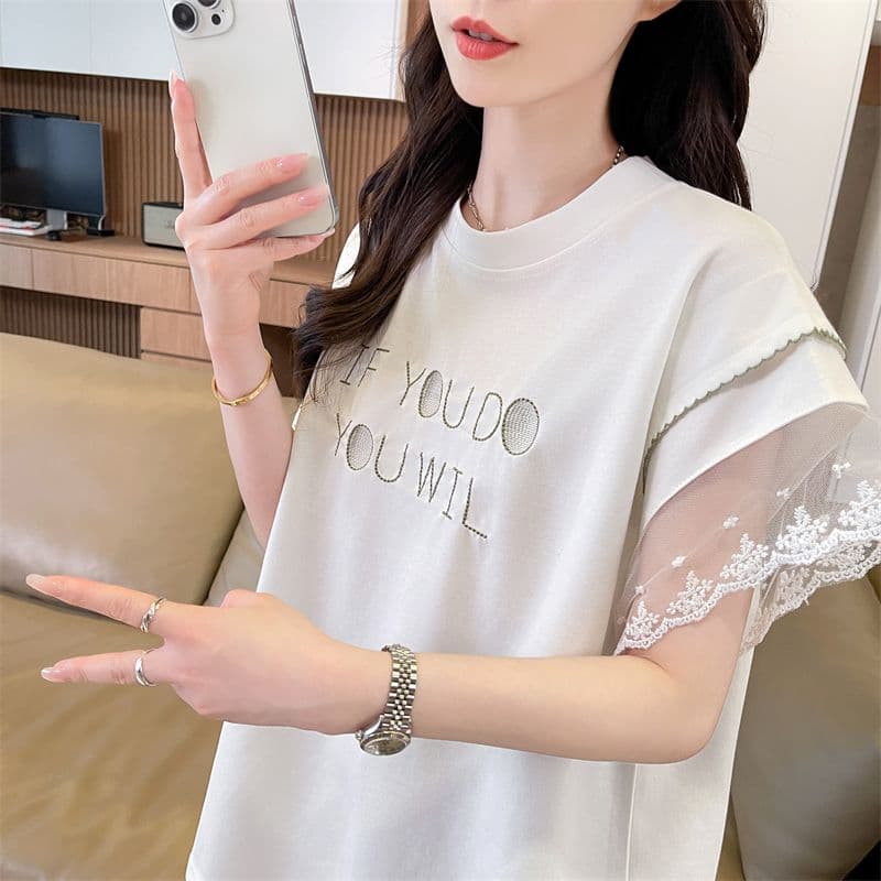 실사 남자 바 면 반팔 티셔츠 여성 여름 새로운 루즈핏 패션 다용도 외국 가스 라운드 넥 자수 상세 이미지 10