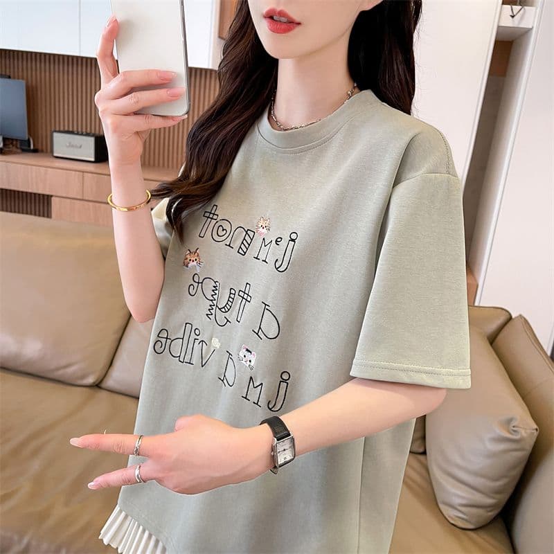실사 남자 바 면 반팔 티셔츠 여성 여름 새로운 루즈핏 패션 다용도 외국 가스 라운드 넥 자수 상세 이미지 6