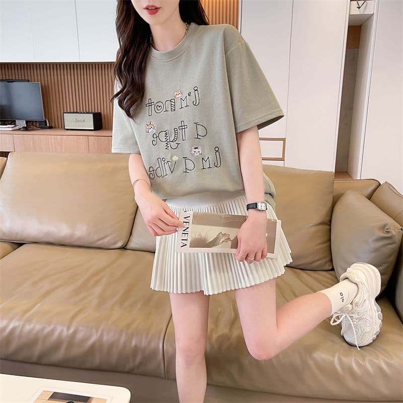 실사 남자 바 면 반팔 티셔츠 여성 여름 새로운 루즈핏 패션 다용도 외국 가스 라운드 넥 자수 상세 이미지 7