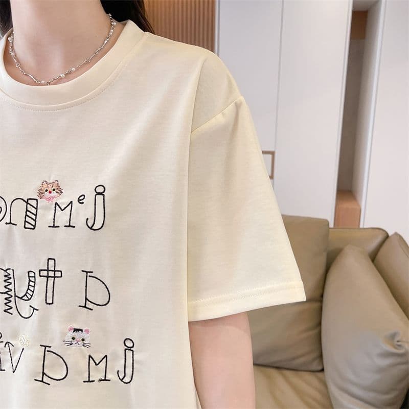 실사 남자 바 면 반팔 티셔츠 여성 여름 새로운 루즈핏 패션 다용도 외국 가스 라운드 넥 자수 상세 이미지 9