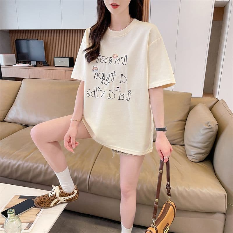 실사 남자 바 면 반팔 티셔츠 여성 여름 새로운 루즈핏 패션 다용도 외국 가스 라운드 넥 자수 상세 이미지 11