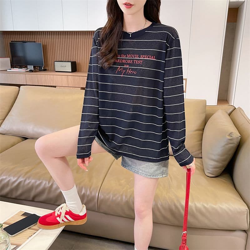 실사 스트라이프 눈꽃 면 긴팔 자외선 차단 블라우스 여성 한국 스타일 라운드 넥 캐주얼 패션 청춘 다용도 맨위 상세 이미지 3