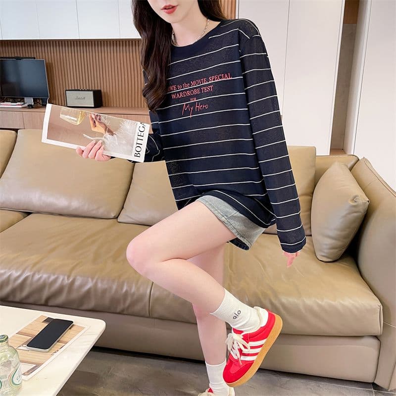 실사 스트라이프 눈꽃 면 긴팔 자외선 차단 블라우스 여성 한국 스타일 라운드 넥 캐주얼 패션 청춘 다용도 맨위 상세 이미지 7