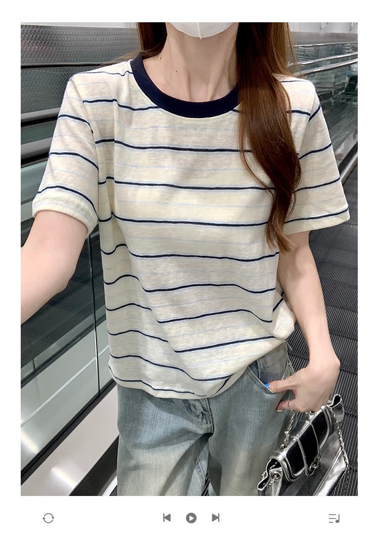 실사 반팔 티셔츠 여성 의류 여름 새로운 디자인 센스 미니멀리즘 아메리칸 스트라이프 한 부서 배색 라운드 넥 맨위 상세 이미지 1
