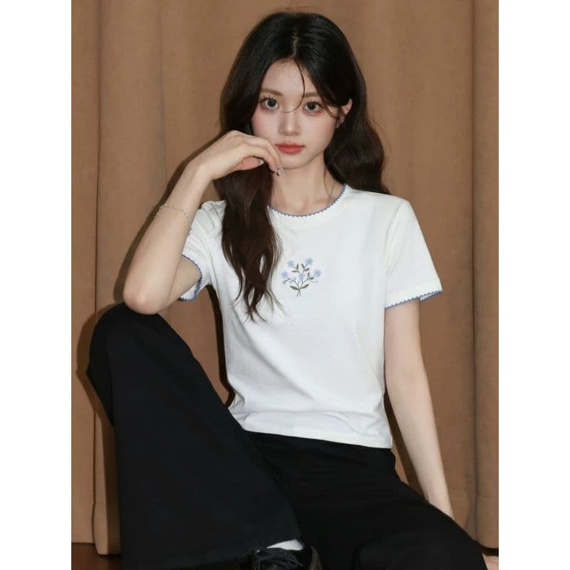 경관 그림 타이슨 원단 높은 품질 새로운 디자인 센스 화이트 라운드 넥 반팔 티셔츠 여성 여름 이미지 5