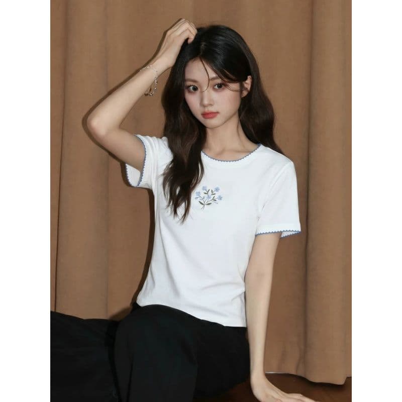 경관 그림 타이슨 원단 높은 품질 새로운 디자인 센스 화이트 라운드 넥 반팔 티셔츠 여성 여름 이미지 4