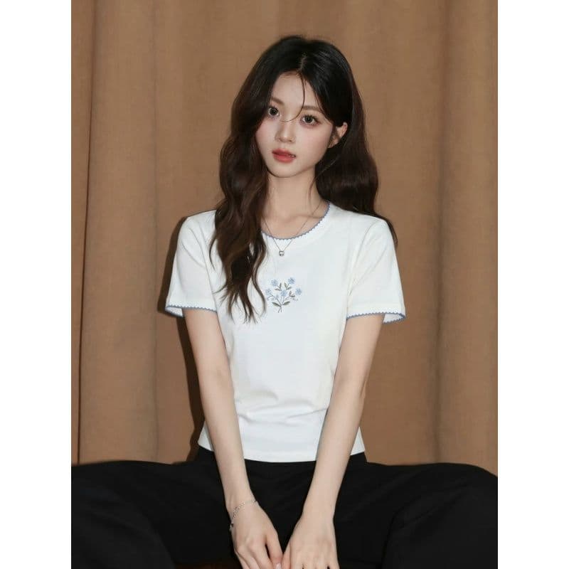 경관 그림 타이슨 원단 높은 품질 새로운 디자인 센스 화이트 라운드 넥 반팔 티셔츠 여성 여름